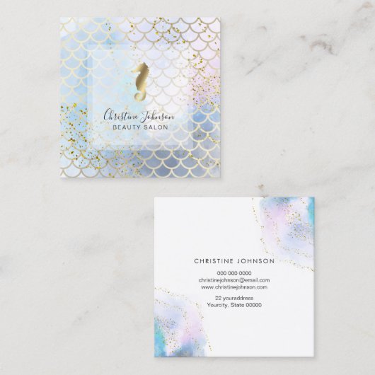 Gouden zeepaardje op visschaal patroon vierkante visitekaartje (Voorkant / Achterkant)