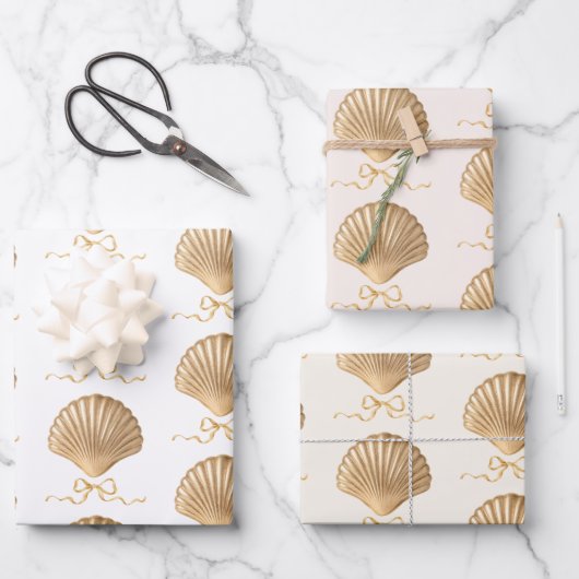 Gouden Zeeschelp met Coquette Bow Kerstcadeau Inpakpapier Vel (Voorkant)