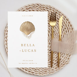 Gouden Zeeschelp & Parels QR Code Kustbruiloft Save The Date