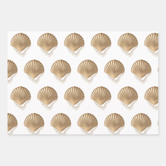 Gouden Zeeschelpen Parels Verjaardags Bruidscadeau Inpakpapier Vel (Voorkant)