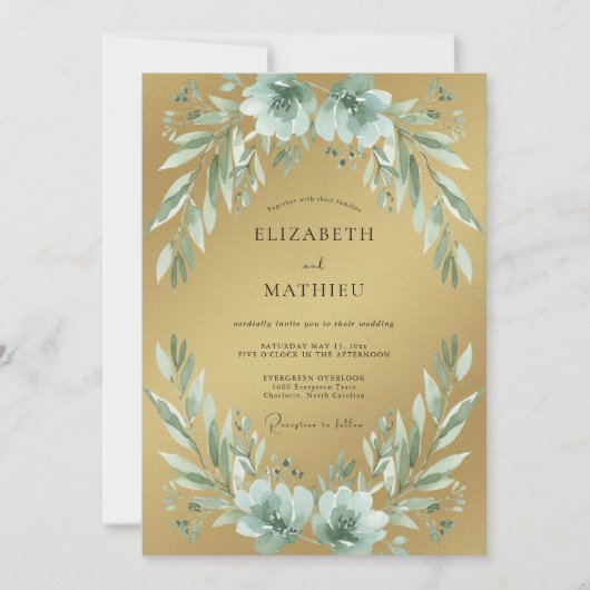 Gouden Zeeschuim Loof Eucalyptus Bruiloft Kaart (Voorkant)