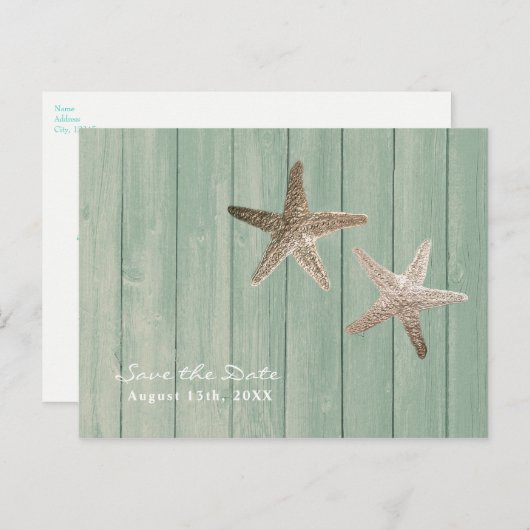 Gouden Zeester & Hout Elegant Strand Save the Date Aankondigingskaart (Voorkant / Achterkant)