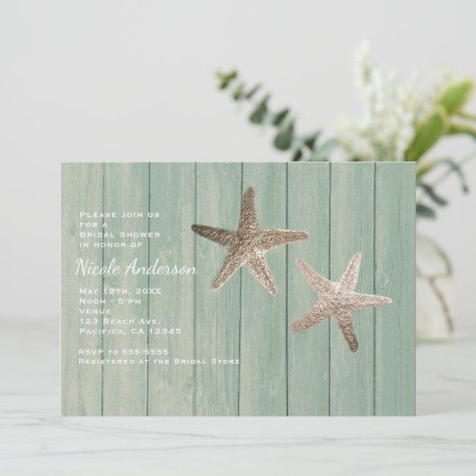 Gouden Zeester & Hout Elegante Strand Uitnodiginge Kaart (Staand voorkant)