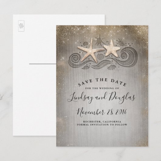 Gouden Zeester Paar Strand Tropisch Save the Date Aankondigingskaart (Voorkant / Achterkant)