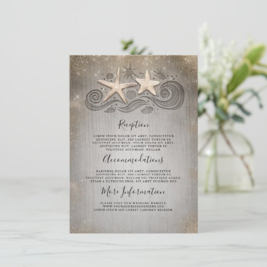 Gouden zeesterren strand bruiloft details informat informatiekaartje (Staand voorkant)