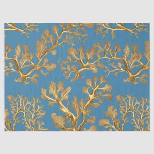 Gouden Zeewier op Aqua Blauwe Tissuepapier (Voorkant)