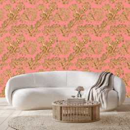 Gouden zeewier tegen koraalschil stok behang