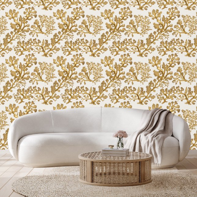 Gouden zeewier tegen lichte zandschil stok behang (Creator heeft geüpload)