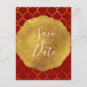 Gouden Zegelfolie Vurig Rode Indiase Save the Date Aankondigingskaart