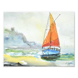Gouden Zeil Oceaan Bries Impressionist Foto Afdruk
