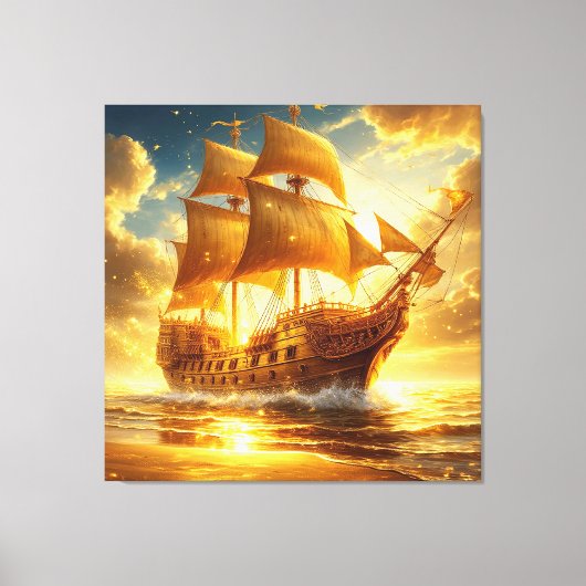 Gouden Zeilschip op Zonsondergangszee Canvas Afdruk (Voorkant)