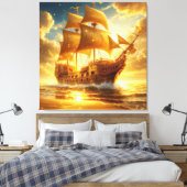 Gouden Zeilschip op Zonsondergangszee Canvas Afdruk (Insitu (Slaapkamer))