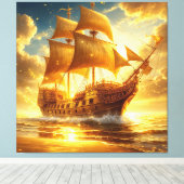 Gouden Zeilschip op Zonsondergangszee Canvas Afdruk (Insitu (Houten vloer))