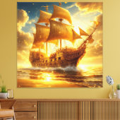 Gouden Zeilschip op Zonsondergangszee Canvas Afdruk (Insitu (Woonkamer))