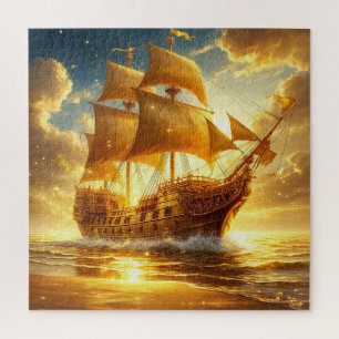 Gouden Zeilschip op Zonsondergangszee Legpuzzel
