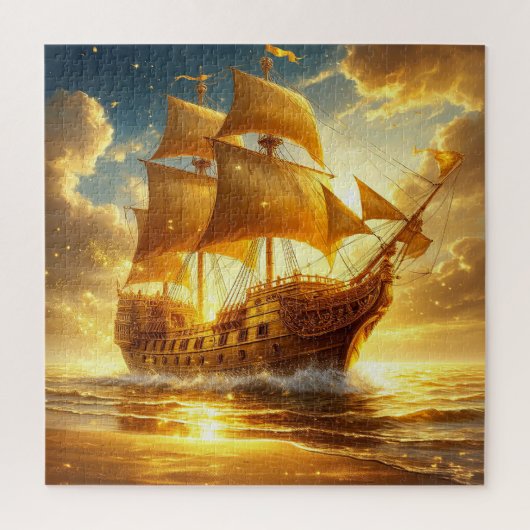 Gouden Zeilschip op Zonsondergangszee Legpuzzel (Verticaal)