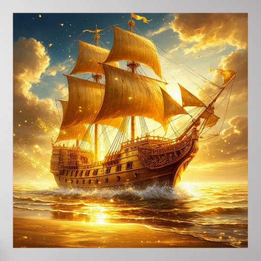 Gouden Zeilschip op Zonsondergangszee Poster (Voorkant)