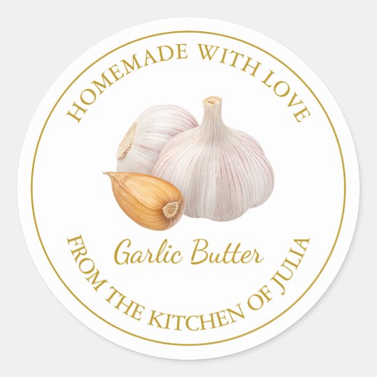 Gouden zelfgemaakte knoflook boterlabel | Wit Ronde Sticker (Voorkant)