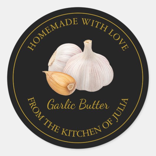 Gouden zelfgemaakte knoflook boterlabel | Zwart Ronde Sticker (Voorkant)
