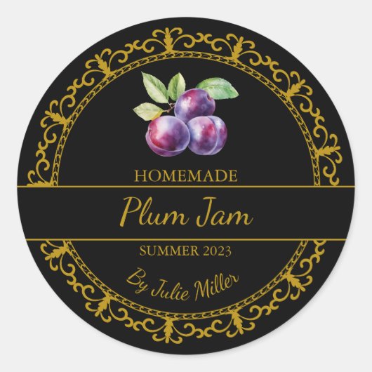 gouden zelfgemaakte pruimenjam label | Zwart (Voorkant)