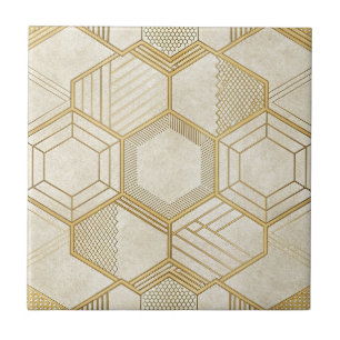 Gouden zeshoek geometrisch crèmekleurig marmerpatr tegeltje