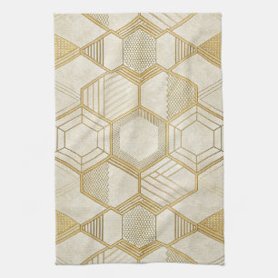 Gouden zeshoek geometrisch crèmekleurig marmerpatr theedoek