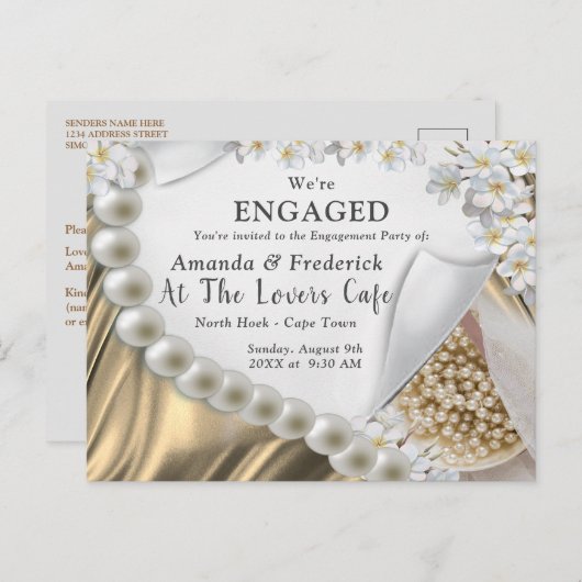 Gouden Zijde & Ivoren Parels Verloving Uitnodiging Briefkaart (Voorkant / Achterkant)