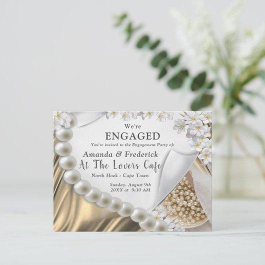 Gouden Zijde & Ivoren Parels Verloving Uitnodiging Briefkaart (Staand voorkant)