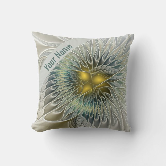 Gouden Zilveren Bloem Fantasy Abstract Fractal Naa Kussen (Voorkant)