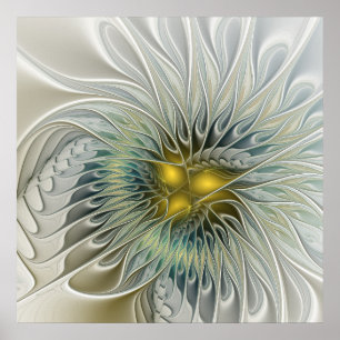 Gouden Zilveren Bloem Fantasy abstracte Fractale K Poster