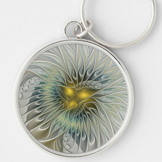Gouden Zilveren Bloem Fantasy Abstracte Fractale K Sleutelhanger (Voorkant)