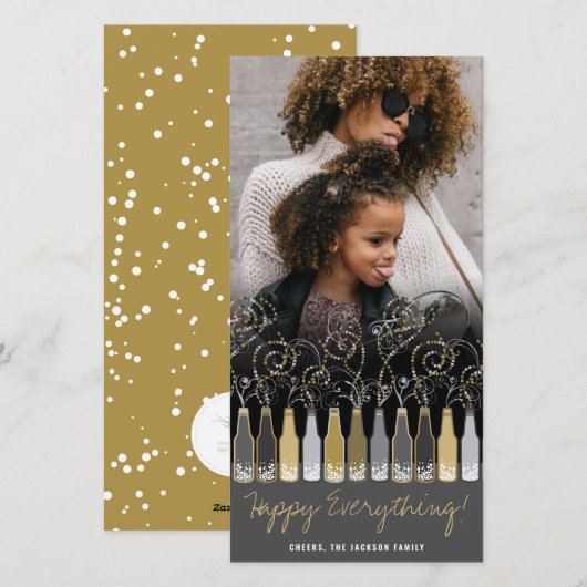 Gouden & Zilveren Bubbelende Flessen Modern Nieuwj Feestdagenkaart (Voorkant / Achterkant)