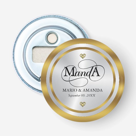 Gouden Zilveren Persoonlijke Trouw Monogram Button Flesopener (Voorkant)