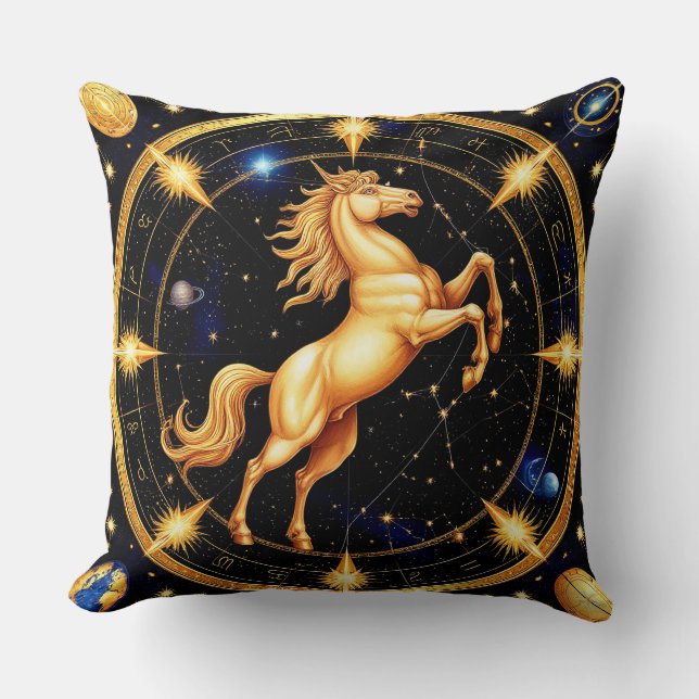 Gouden Zodiacwiel met een Boogschutter Kussen (Voorkant)