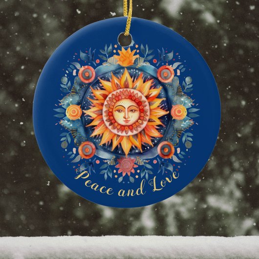 Gouden Zon en Bloemen Mandala Vrede en Liefde Blau Keramisch Ornament