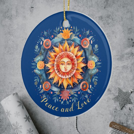 Gouden Zon en Bloemen Mandala Vrede en Liefde Blau Keramisch Ornament