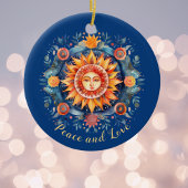 Gouden Zon en Bloemen Mandala Vrede en Liefde Blau Keramisch Ornament