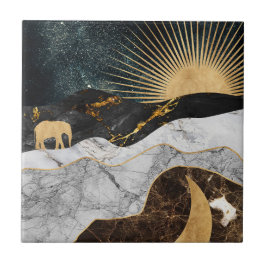 Gouden Zon en Maan met Olifant in Marmeren Kosmos Tegeltje