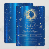 Gouden zon en maan sterren blauw metallic lunch kaart (Voorkant / Achterkant)