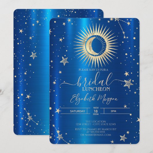 Gouden zon en maan sterren blauw metallic lunch kaart (Voorkant / Achterkant)