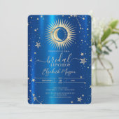 Gouden zon en maan sterren blauw metallic lunch kaart (Staand voorkant)