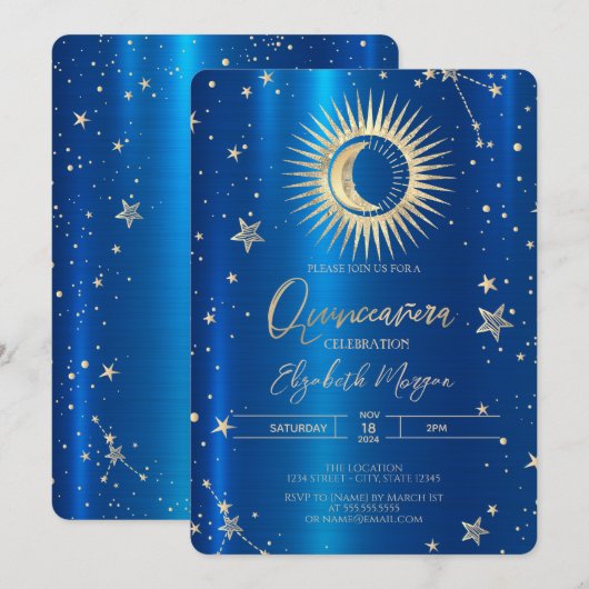 Gouden zon en maan sterren blauw metallic quincean kaart (Voorkant / Achterkant)