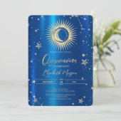 Gouden zon en maan sterren blauw metallic quincean kaart (Staand voorkant)