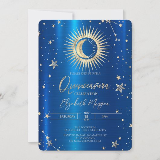Gouden zon en maan sterren blauw metallic quincean kaart (Voorkant)