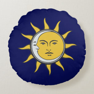 Gouden Zon en Zilveren Maan op Marineblauw Rond Kussen