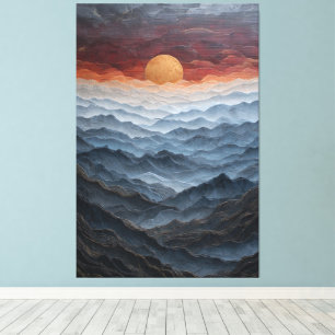 Gouden Zon Over Blauwe Bergketens Abstracte Wand Canvas Afdruk
