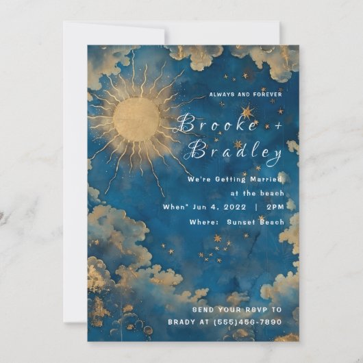 Gouden Zon & Sterren Hemelse Bruiloft Kaart (Voorkant)