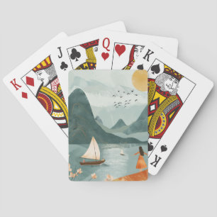 Gouden Zon Teal Meer Romantische Berg Ontsnapping Pokerkaarten