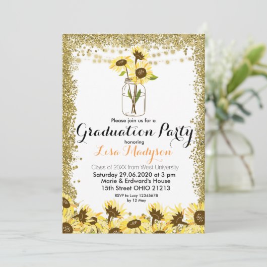 Gouden Zonnebloem Afstudeerfeest Uitnodigen Kaart (Staand voorkant)