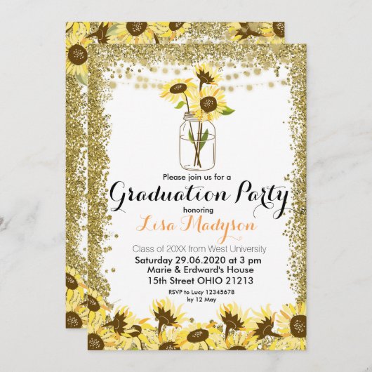 Gouden Zonnebloem Afstudeerfeest Uitnodigen Kaart (Voorkant / Achterkant)